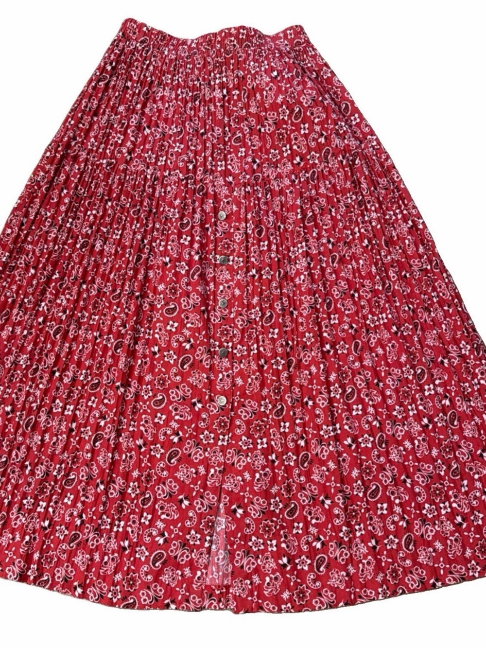 Vintage 90’sred bandanna print Accordion pleated Tiered Button-Front Maxi Skirt - Picture 2 of 7